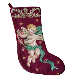 VTG 1991 100% Wool Needlepoint Embroidered Angel Cherub Stocking Christmas Décor